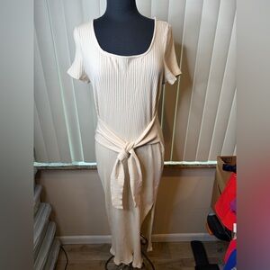 TOPSHOP Midi Sweater Dress 10 Beige Ribbed Knit Short Sleeve Tie Belt Size 14